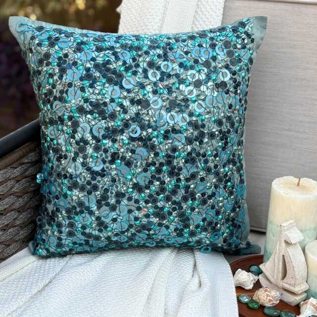 Sequin Circle & Dots Pattern Art Silk Blue Pillow Sham, 24x24/26x26, Modern Style Euro Square Pillowcase - Sea The Dream - image 1