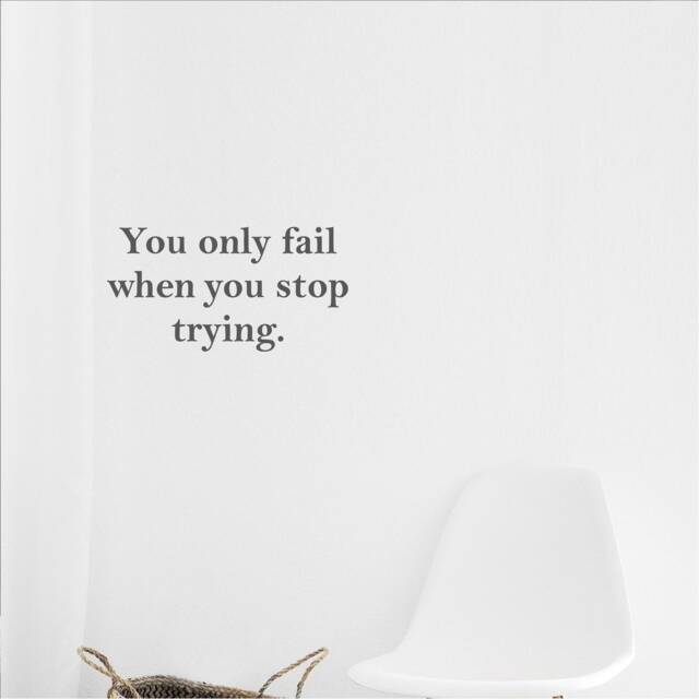 You Only Fail When You Stop Trying, Inspirational, Motivational, Office, School, Home Wall Art, Sticker, Decal, Transfer, 36 Colours - image 1