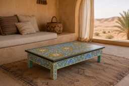 Hand Painted Moroccan Wood Coffee Table Turquoise, Artisan Bois Rouge Star Medallion Low Table, Luxury Boho Decor - Mohandicrafts