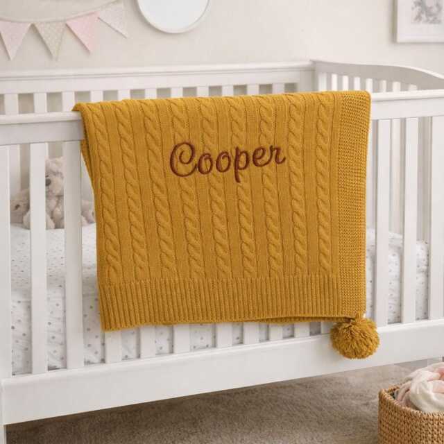 Personalised Embroidered Baby Blanket, Cable Knit Pom Poms, Ochre Yellow - image 1