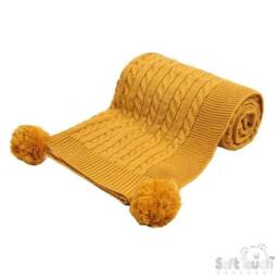 Personalised Embroidered Baby Blanket, Cable Knit Pom Poms, Ochre Yellow - thumbnail 3