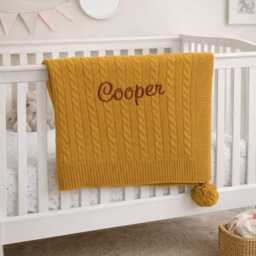 Personalised Embroidered Baby Blanket, Cable Knit Pom Poms, Ochre Yellow