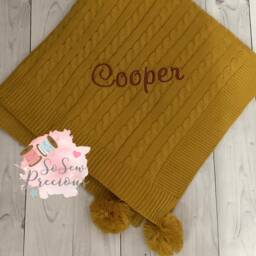 Personalised Embroidered Baby Blanket, Cable Knit Pom Poms, Ochre Yellow - thumbnail 2