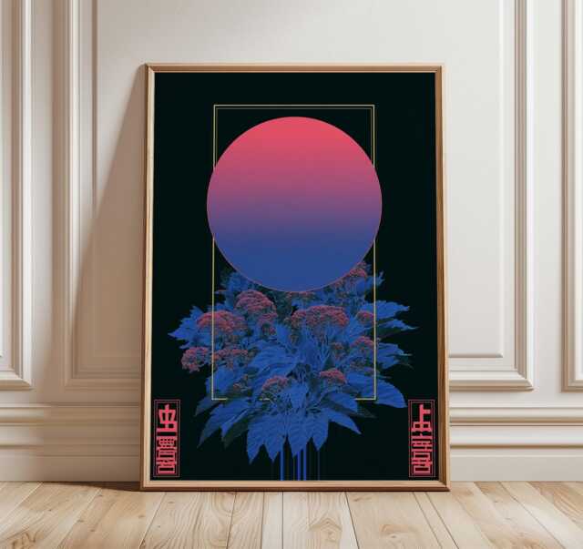 Japanese Cyberpunk Poster, Neon Botanical Wall Art Print, Blue & Pink Gradient Moon Design, Futuristic Nature Decor For Modern Homes - image 1