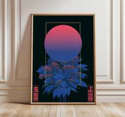Japanese Cyberpunk Poster, Neon Botanical Wall Art Print, Blue & Pink Gradient Moon Design, Futuristic Nature Decor For Modern Homes - thumbnail 1