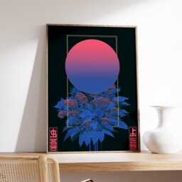Japanese Cyberpunk Poster, Neon Botanical Wall Art Print, Blue & Pink Gradient Moon Design, Futuristic Nature Decor For Modern Homes - thumbnail 2