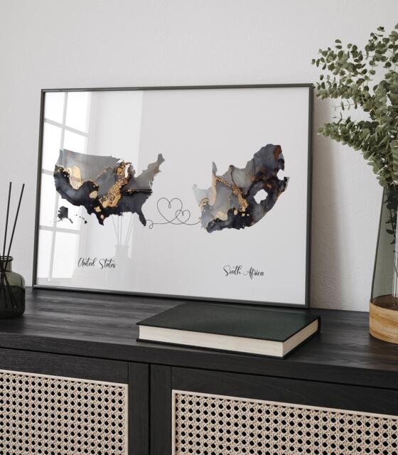 Usa & South Africa Map Black & Gold Travel Wall Art Print - United States America Moving Home Gift - image 1