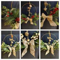 Christmas Wreath Vintage Gold Metal Hoop Door Wall Hanger Artificial Flowers Foliage White Berries & Bells Eucalyptus - thumbnail 3