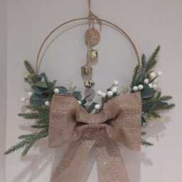 Christmas Wreath Vintage Gold Metal Hoop Door Wall Hanger Artificial Flowers Foliage White Berries & Bells Eucalyptus - thumbnail 2