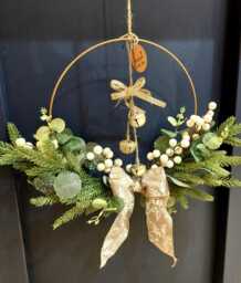 Christmas Wreath Vintage Gold Metal Hoop Door Wall Hanger Artificial Flowers Foliage White Berries & Bells Eucalyptus - thumbnail 1