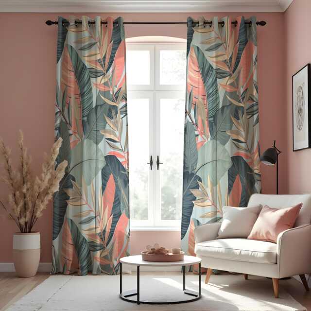 Tropical Leaf Print Curtains, Soft Pastel Botanical Drapes in Blush & Sage Tones, Modern Palm Window Panels - image 1