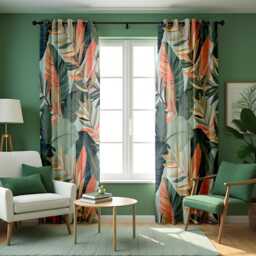Tropical Leaf Print Curtains, Soft Pastel Botanical Drapes in Blush & Sage Tones, Modern Palm Window Panels - thumbnail 2