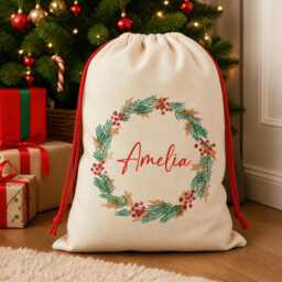 Personalised Christmas Santa Sack With Custom Name - Present Gift Bag For Under Tree Wreath Design Eve Keepsake - thumbnail 1