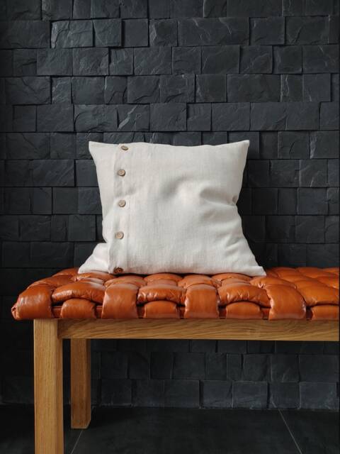 Oatmeal Linen Pillow Cover - Thick Linen, Coconut Buttons - image 1