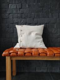 Oatmeal Linen Pillow Cover - Thick Linen, Coconut Buttons - thumbnail 1