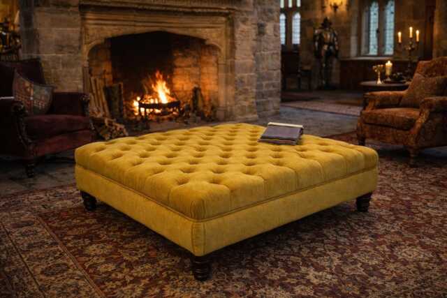 Chesterfield Square Deep Buttoned Footstool in A Plush Turmeric Velvet With Mahogany Turned Hard Wood Legs - image 1