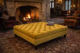 Chesterfield Square Deep Buttoned Footstool in A Plush Turmeric Velvet With Mahogany Turned Hard Wood Legs - thumbnail 1