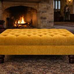 Chesterfield Square Deep Buttoned Footstool in A Plush Turmeric Velvet With Mahogany Turned Hard Wood Legs - thumbnail 3