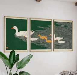 White Duck Posters Set Of 3, Japanese Water Pattern Art Prints Wall Decor - thumbnail 1