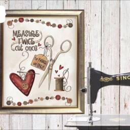 Primitive Style Sewing Themed'measure Twice Cut Once' A4 Card Wall Art Sign Printable Digital Download - thumbnail 3