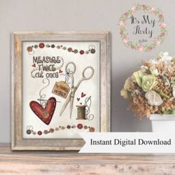Primitive Style Sewing Themed'measure Twice Cut Once' A4 Card Wall Art Sign Printable Digital Download - thumbnail 1