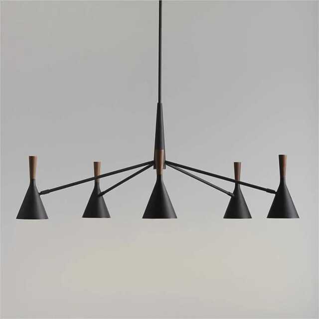 Mid-Century Modern Black Cone Chandelier Brass & Wood 6-Light Pendant - image 1
