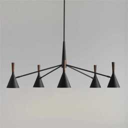 Mid-Century Modern Black Cone Chandelier Brass & Wood 6-Light Pendant - thumbnail 1