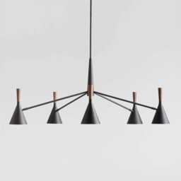 Mid-Century Modern Black Cone Chandelier Brass & Wood 6-Light Pendant - thumbnail 2