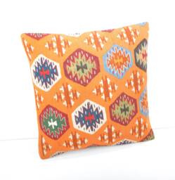 Orange Kilim Pillow Cover, Handwoven Wool Cushion, Bohemian Decor - 16x16''