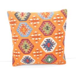 Orange Kilim Pillow Cover, Handwoven Wool Cushion, Bohemian Decor - 16x16'' - thumbnail 2