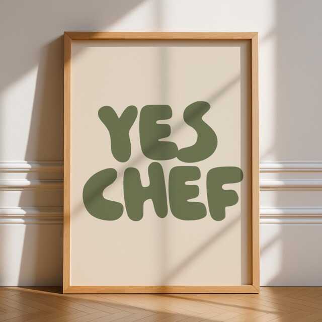 Yes Chef Word Print, Unframed Art, Kitchen Typography, Quotes, Wall Retro, Trendy, Minimalist, Poster, Gallery, Black White, Cooking - image 1
