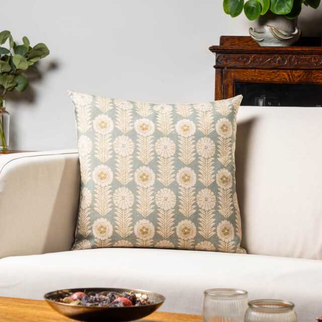 Retro Floral Print Linen Look Cushion Cover in Duck Egg Blue. Vintage 1960S & 1970S Flower & Leaf Motif Design. 17x17 - image 1