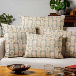 Retro Floral Print Linen Look Cushion Cover in Duck Egg Blue. Vintage 1960S & 1970S Flower & Leaf Motif Design. 17x17 - thumbnail 2