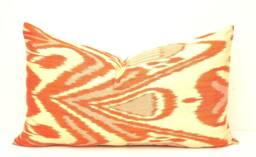 Orange Ikat Lumbar Pillow, Boho Chic Cushion Cover, Handloom Fabric - thumbnail 1
