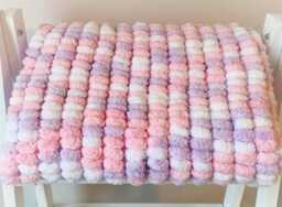 Hand Knitted Pom Baby Blanket - White/Pink/Lilac Car Seat Size - Approx 42cmx50cm