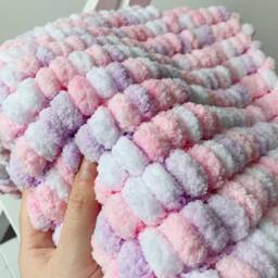 Hand Knitted Pom Baby Blanket - White/Pink/Lilac Car Seat Size - Approx 42cmx50cm - thumbnail 2
