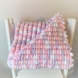 Hand Knitted Pom Baby Blanket - White/Pink/Lilac Car Seat Size - Approx 42cmx50cm - thumbnail 3