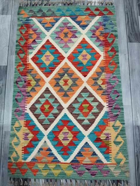 Colourful Kilim Rug, Handmade Artisan Afghan Turkish Scandinavian Navajo Bohemian Flatweave Wool Multicolour Rug 126x77 cm - image 1