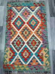 Colourful Kilim Rug, Handmade Artisan Afghan Turkish Scandinavian Navajo Bohemian Flatweave Wool Multicolour Rug 126x77 cm - thumbnail 1