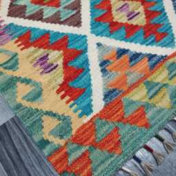 Colourful Kilim Rug, Handmade Artisan Afghan Turkish Scandinavian Navajo Bohemian Flatweave Wool Multicolour Rug 126x77 cm - thumbnail 3