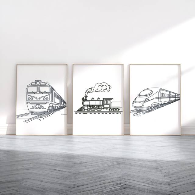 Minimal Train Poster Set - 3 Prints - Boys Bedroom Artwork Locomotive Wall Art Room Decor Steam Trains Pictures - image 1