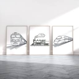 Minimal Train Poster Set - 3 Prints - Boys Bedroom Artwork Locomotive Wall Art Room Decor Steam Trains Pictures