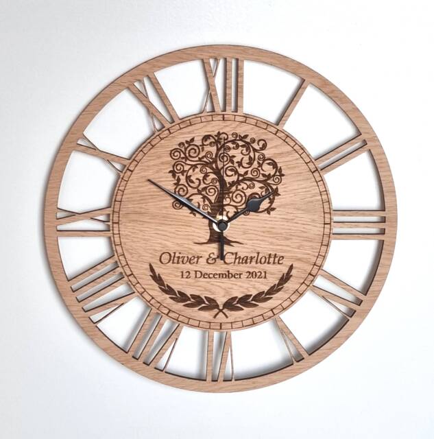 Personalised Wall Clock Silent Nonticking Large Wooden Wedding Anniversary Family Gift - image 1