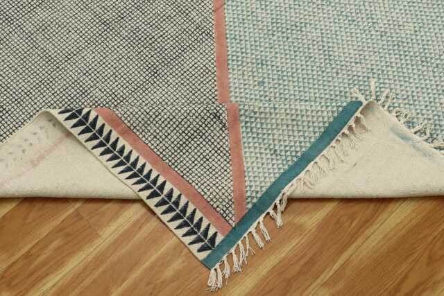 Hand Block Printed Cotton Dhurrie Rug India, Sage Green Rose Pink Geometric Trellis Runner - image 1