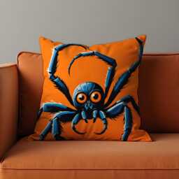 Halloween Spider Cushion Cover, Creepy Cute Black Throw Pillow Case On Orange, Fun Spooky Decor For Kids Room Or Party Sofa - thumbnail 1