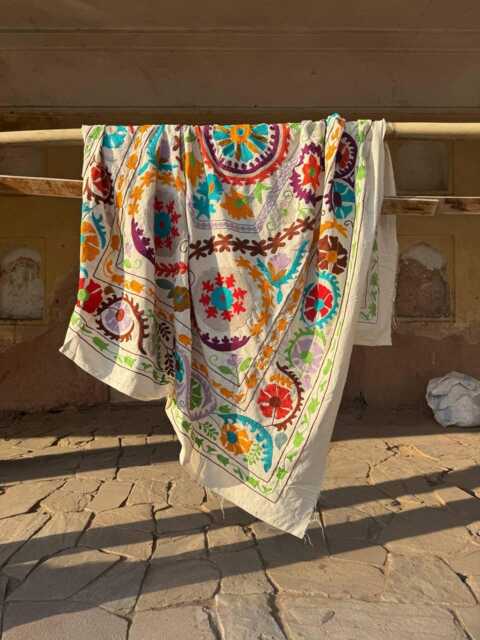 Suzani Embroidered Cotton Throw - Handmade Decorative Blanket For Sofa & Bed - image 1
