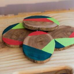 Hand Painted Wood Slice Christmas Ornaments Geometric Holiday Decor - Pack Of 4 - thumbnail 3