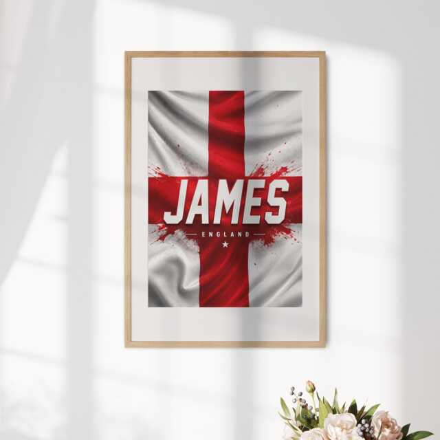 Personalised Name England Flag Wall Art Poster Three Lions Football Supporter Decor St Georges Cross Sports Present Fan Bedroom Gift Print - image 1