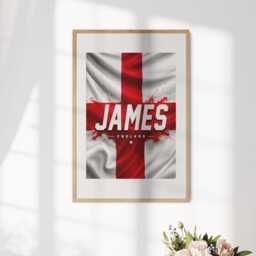 Personalised Name England Flag Wall Art Poster Three Lions Football Supporter Decor St Georges Cross Sports Present Fan Bedroom Gift Print - thumbnail 1
