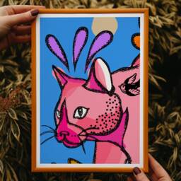 Blue Cat Art Print - Pink Portrait With Sparrow Tattoo - thumbnail 2